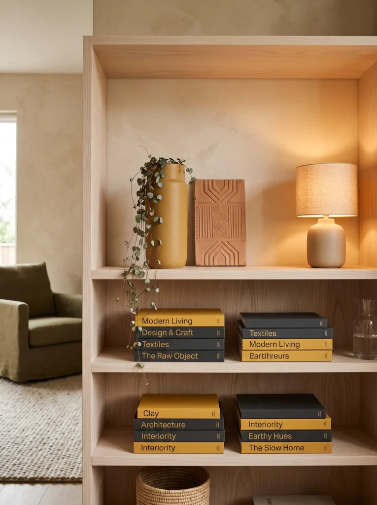 Mustard and charcoal books with matte stoneware, terracotta accent, and string of hearts on a fall bookshelf.