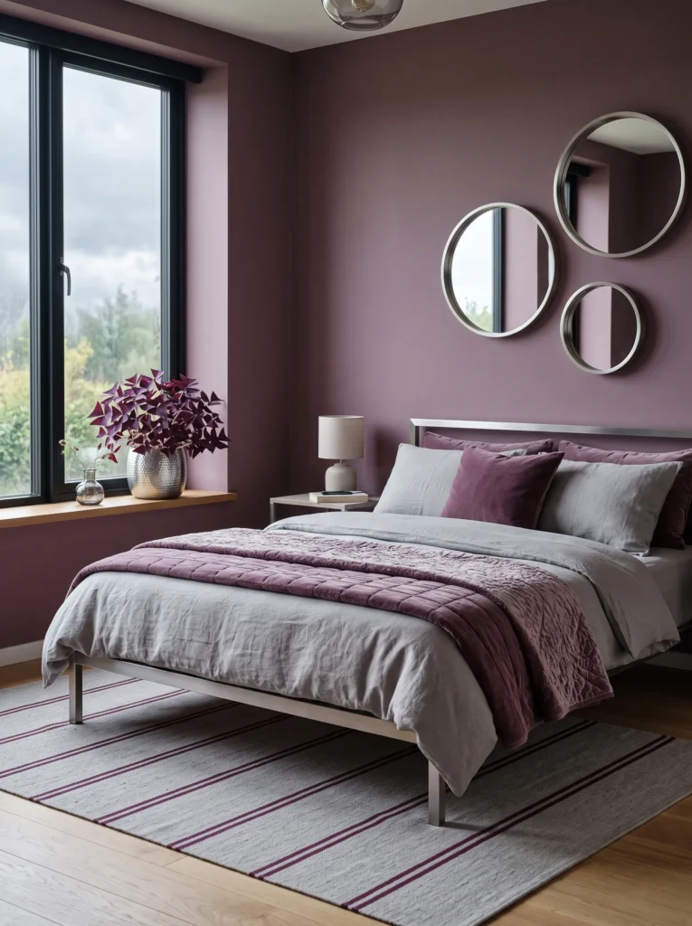 Muted plum bedroom with gray linen bedding, silver mirrors, purple oxalis, and cool-toned accents.