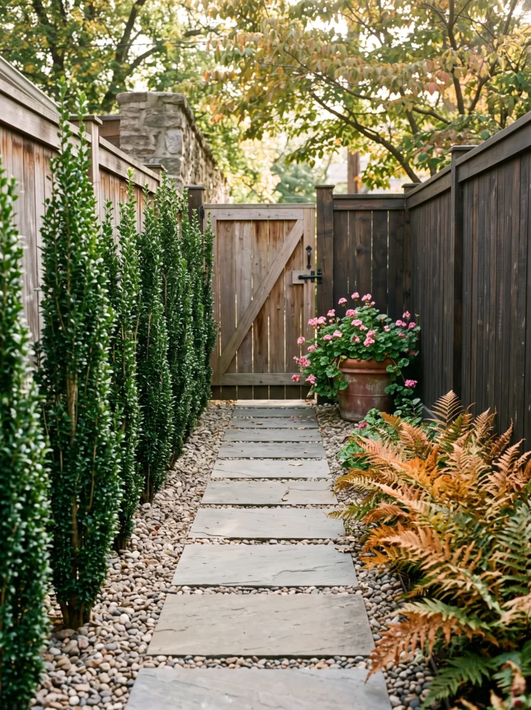 Narrow side-gate path lined with columnar holly and fern.