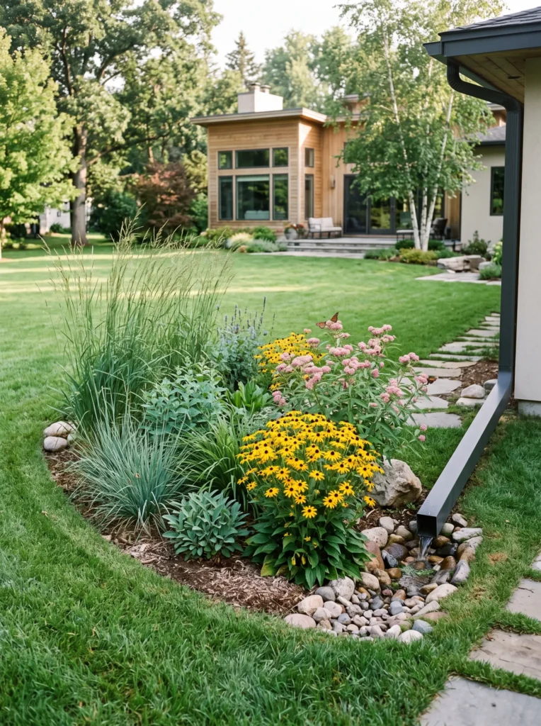 Native rain garden as a gutter downspout drainage idea with switchgrass, swamp milkweed, black-eyed Susan, and blue flag iris.