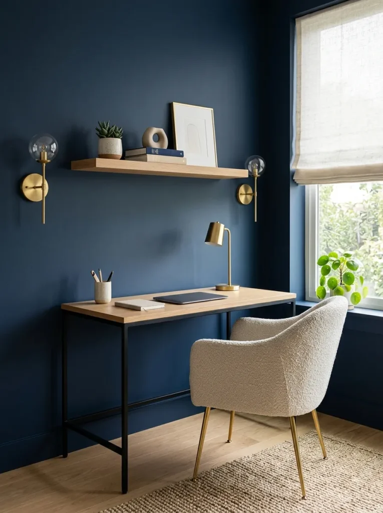 Navy blue home office with a white oak writing desk and brass wall sconces.