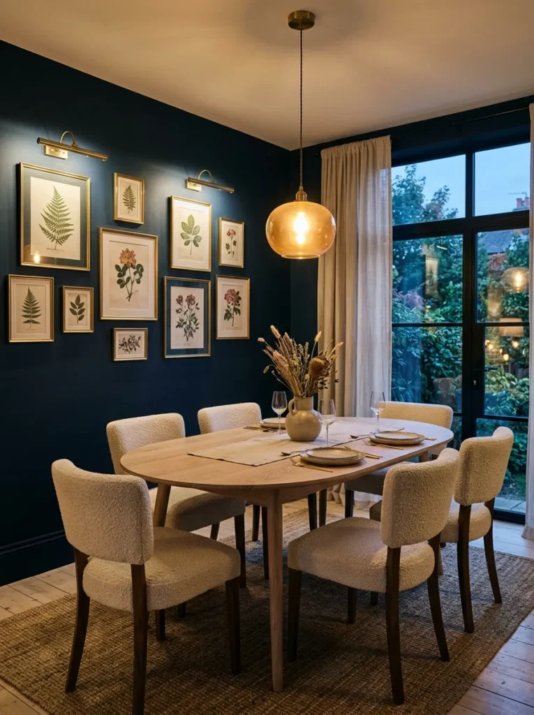 Ink-navy dining room with an amber pendant and gallery wall
