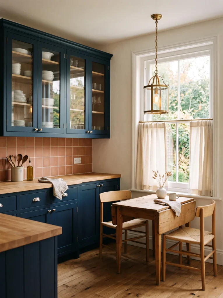  Navy blue glass-front cabinets displaying dishware next to butcher block countertops.