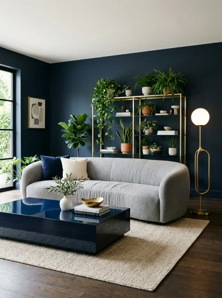 Matte navy walls with a high-gloss lacquered coffee table