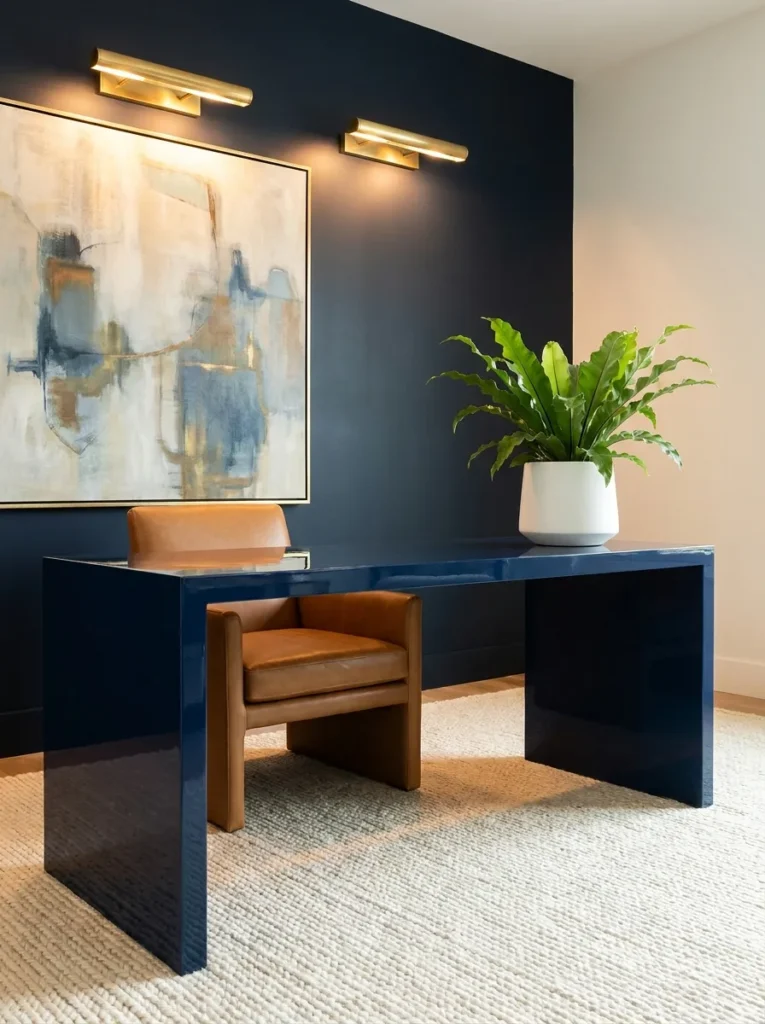 High-gloss navy lacquer waterfall desk against a single navy accent wall with brass picture lights