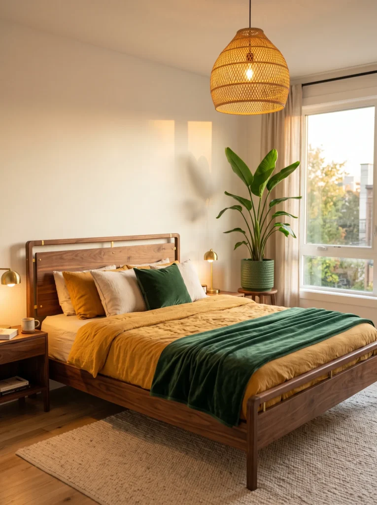 Walnut bed frame with ochre linen duvet and a Bird of Paradise plant