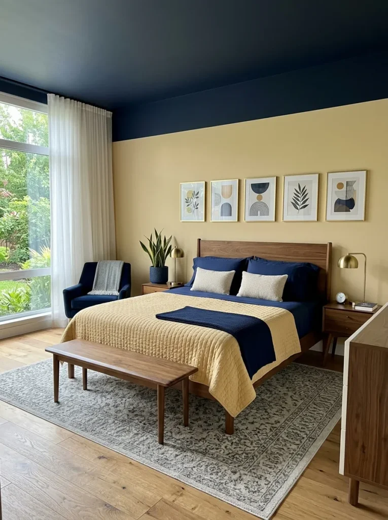 Navy ceiling meeting pale ochre walls with a walnut bed frame