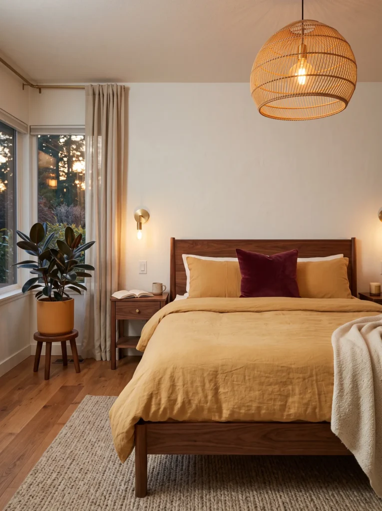 Walnut bed frame with ochre linen duvet and a wine-red accent pillow