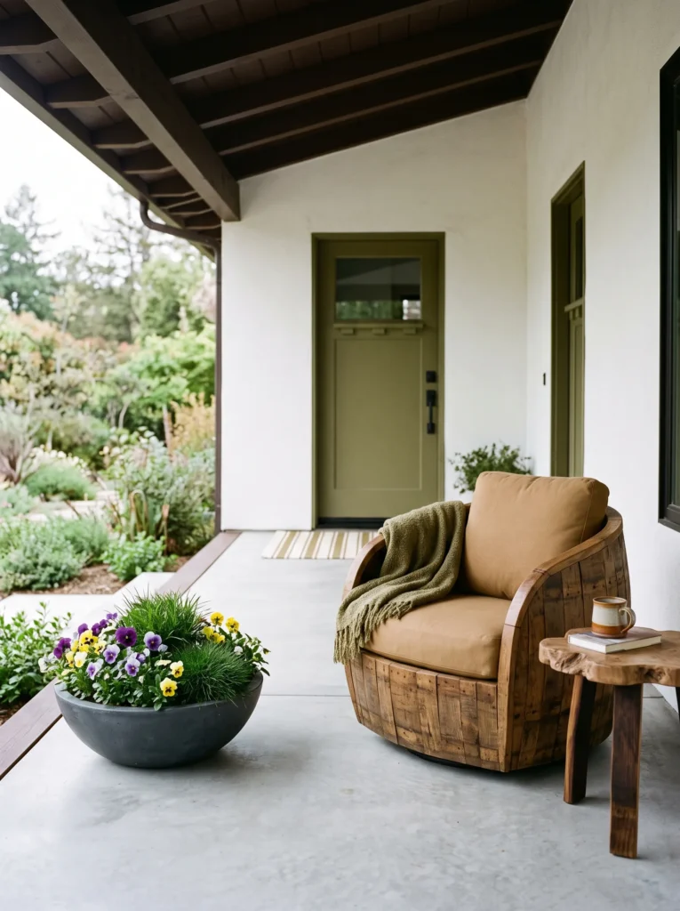 Spacious fall porch with reclaimed-oak barrel chair, camel cushion, sealed concrete bowl of pansies, oak side table, and olive-green accents.