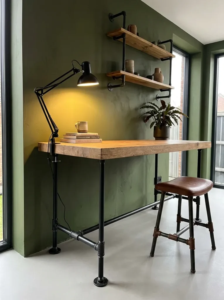 Reclaimed oak desk on black iron pipe legs against an olive green wall with a clamp lamp