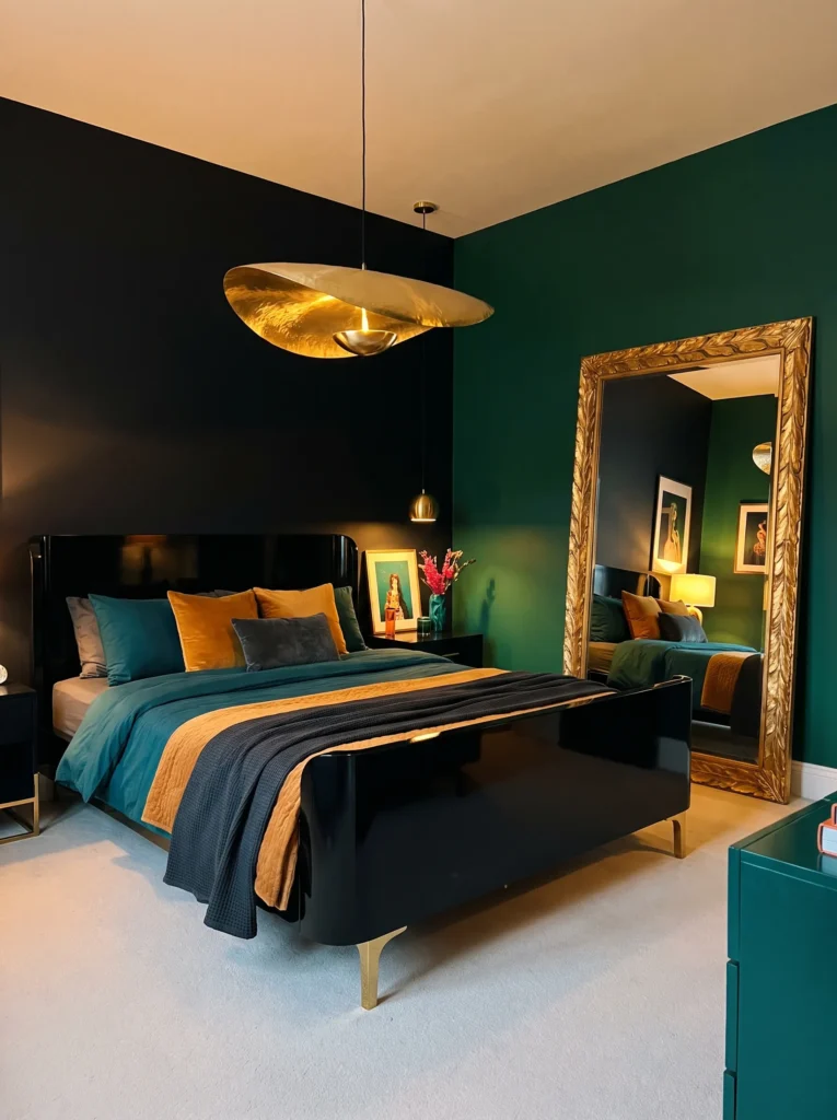 Deep matte black bedroom with curved lacquer bed, liquid-gold pendant, gold mirror, and ZZ plant