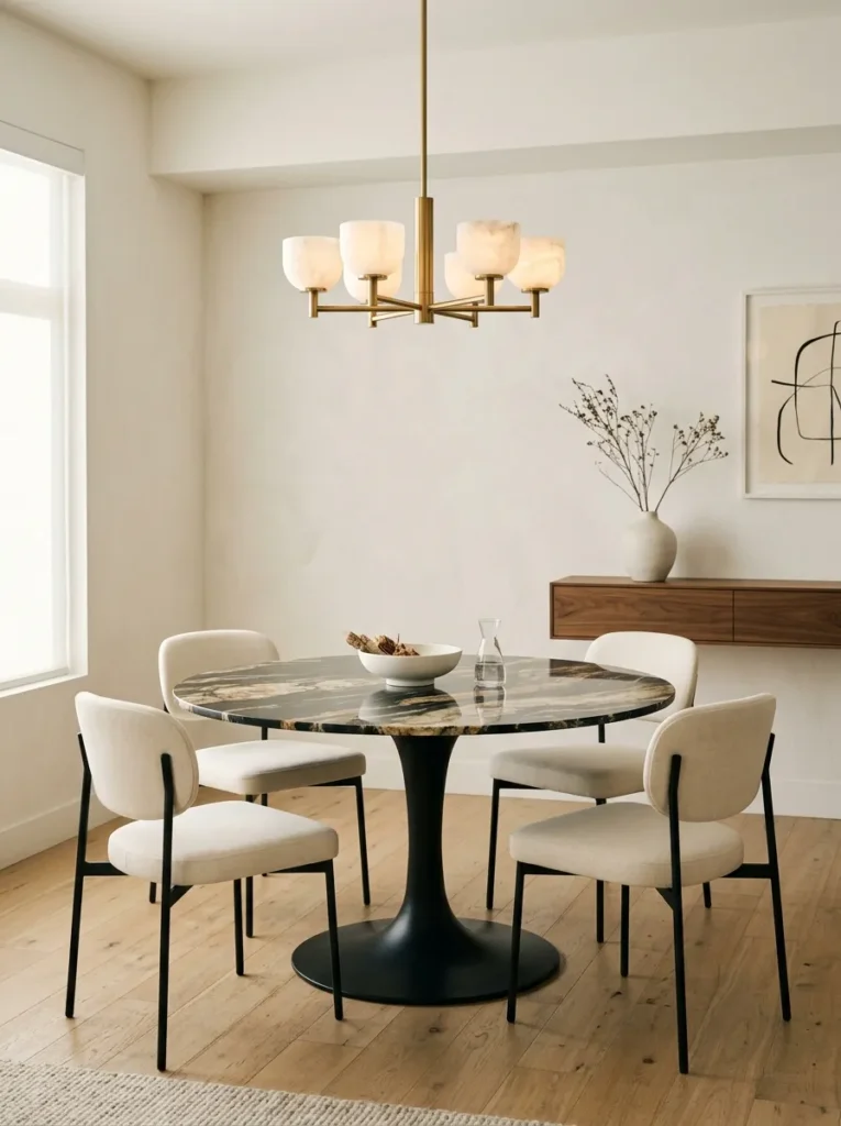 Round onyx marble dining table with dramatic natural veining