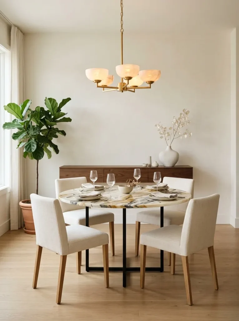 Round onyx marble dining table with dramatic natural veining and indoor planter