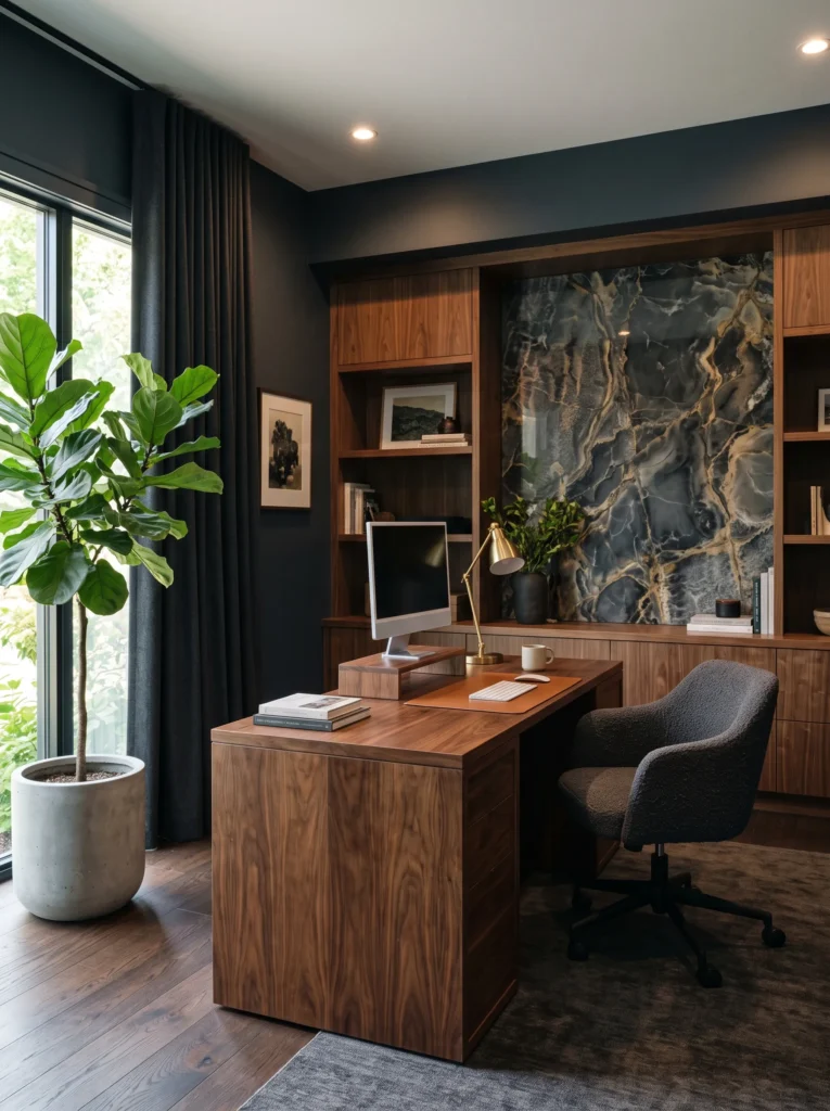 Two-tone onyx and walnut home office with a solid walnut executive desk.