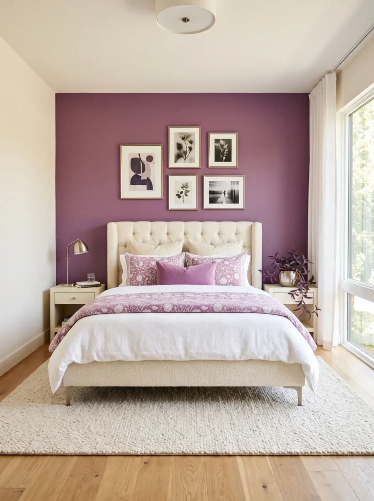 Orchid bedroom with cream boucle bed, antique nickel accents, botanical art, and Purple Heart plant.