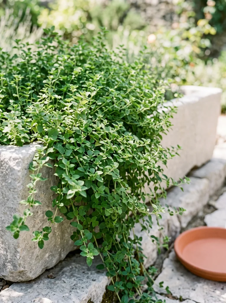  Fall herbs to grow in a shallow concrete trough, featuring trailing oregano spilling over the edges in a rustic garden setting.