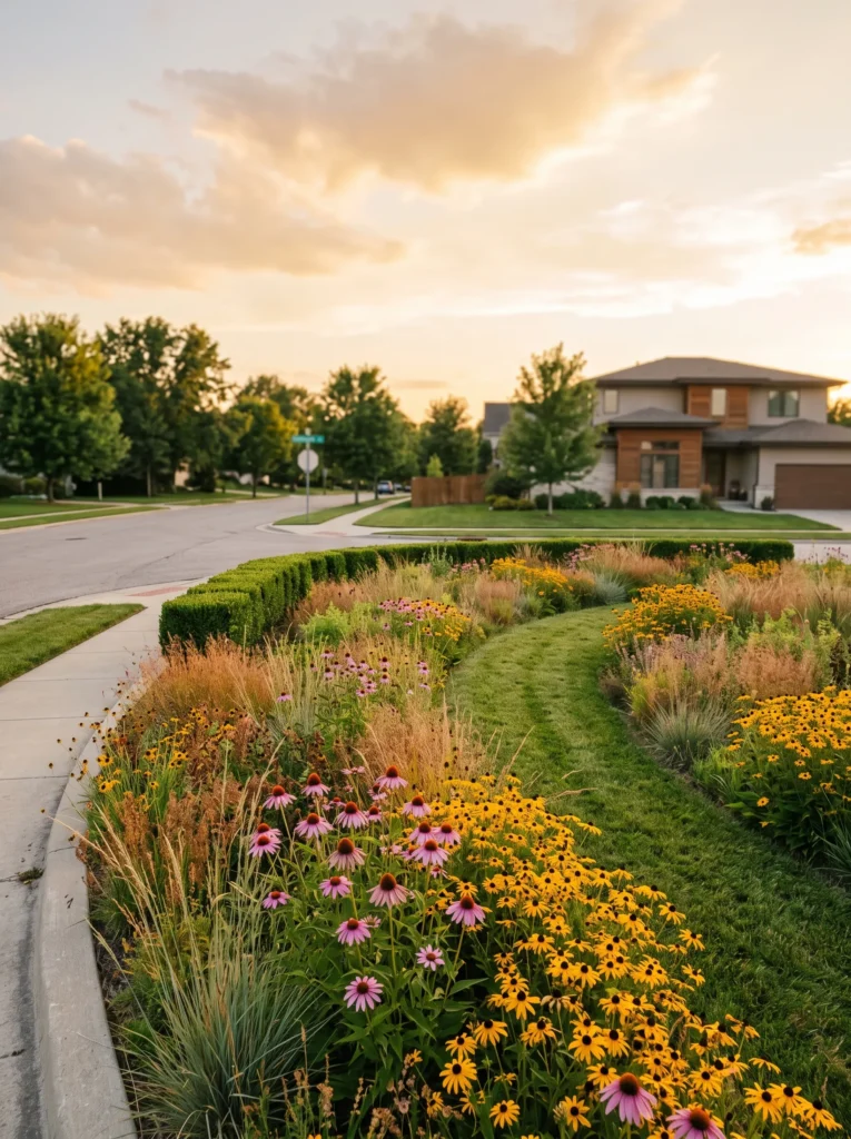 Naturalistic meadow planting with a mowed path and boxwood border.