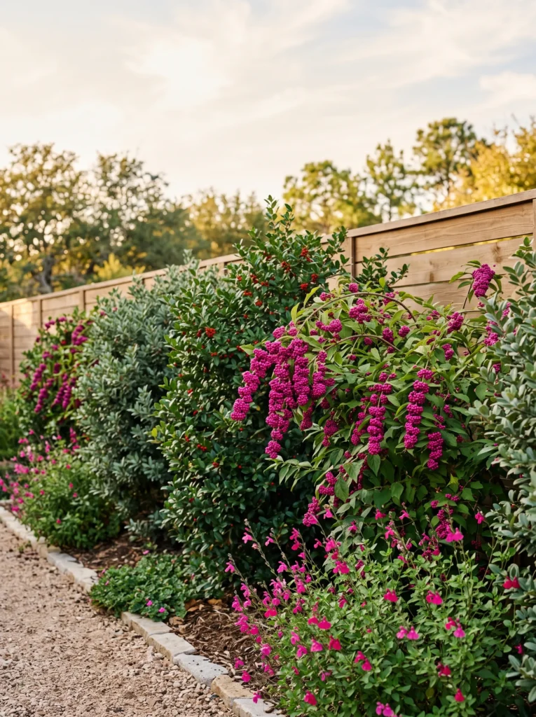  Mixed shrub screen with magenta beautyberry along a fence line.