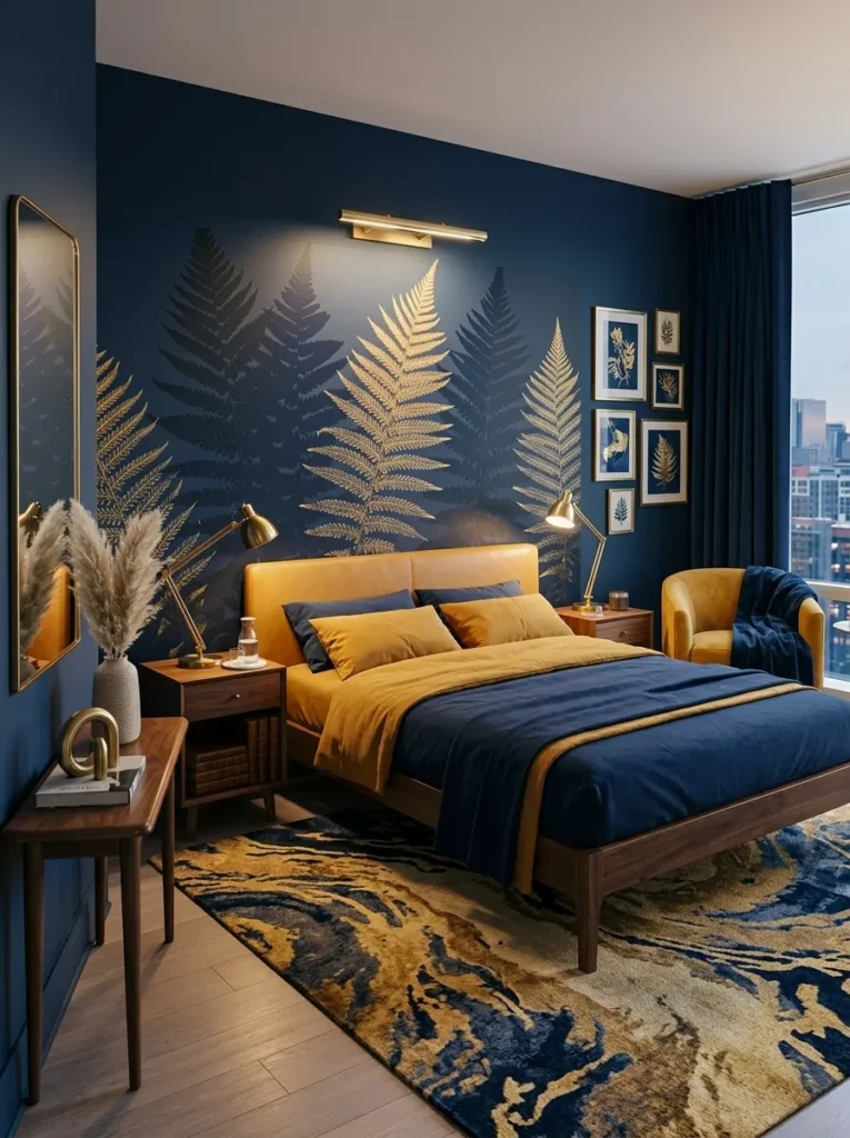 Oversized indigo botanical art above a low bed