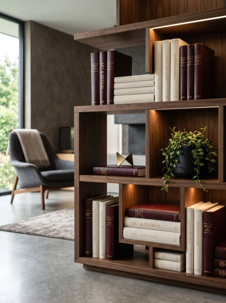  Stepped oxblood book arrangement with brass bookmark sculpture and dischidia on a dark walnut bookshelf.