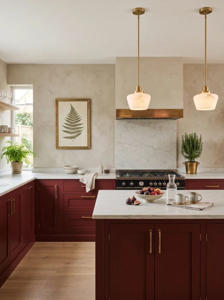 Oxblood-red shaker cabinets with brass hardware and white quartzite countertops.