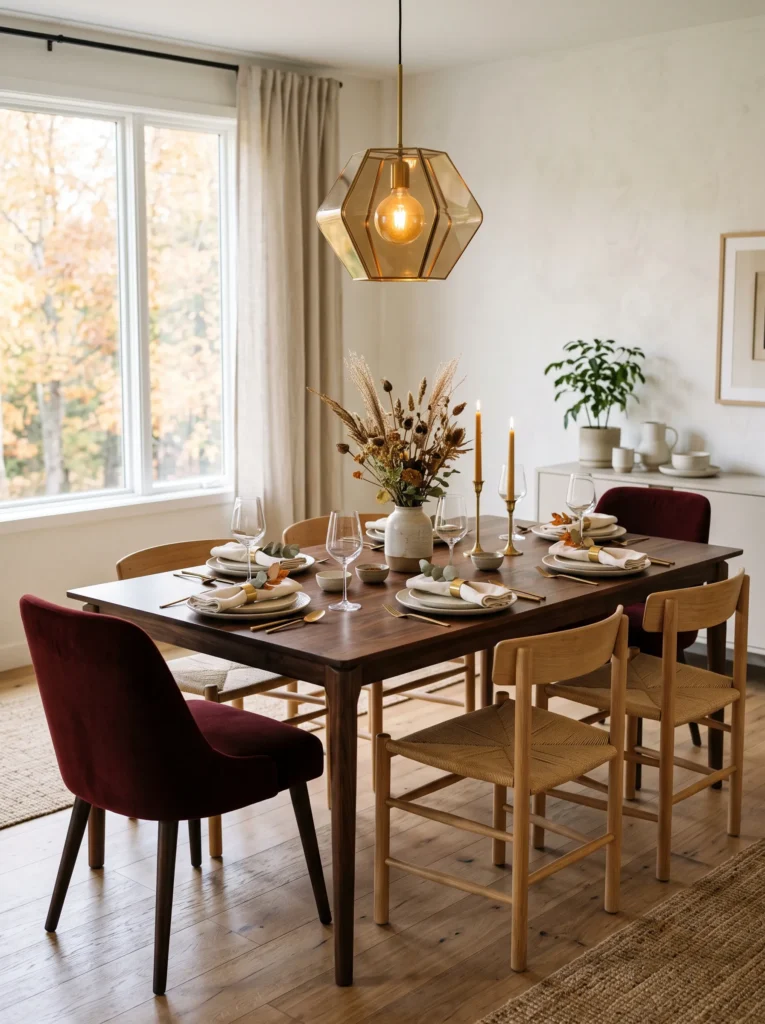 Oxblood dining chairs surrounding a dark walnut table with ivory linen, antique brass, and warm pendant lighting.