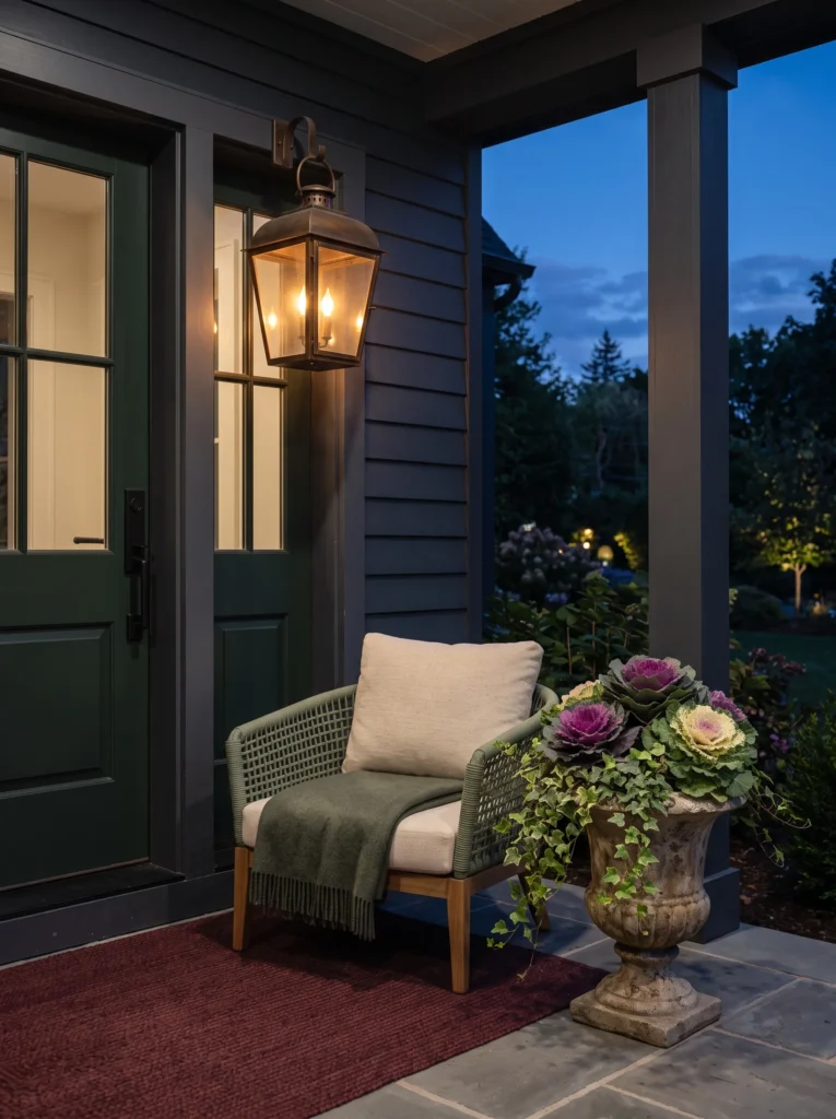  Elegant fall porch corner with a weather-rated aged-bronze lantern, sage lounge chair, warm ivory cushion, stone urn, and oxblood mat.