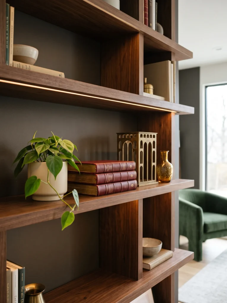 Oxblood books, brass sculpture, amber glass, and heartleaf philodendron styled on a dark walnut fall bookshelf.