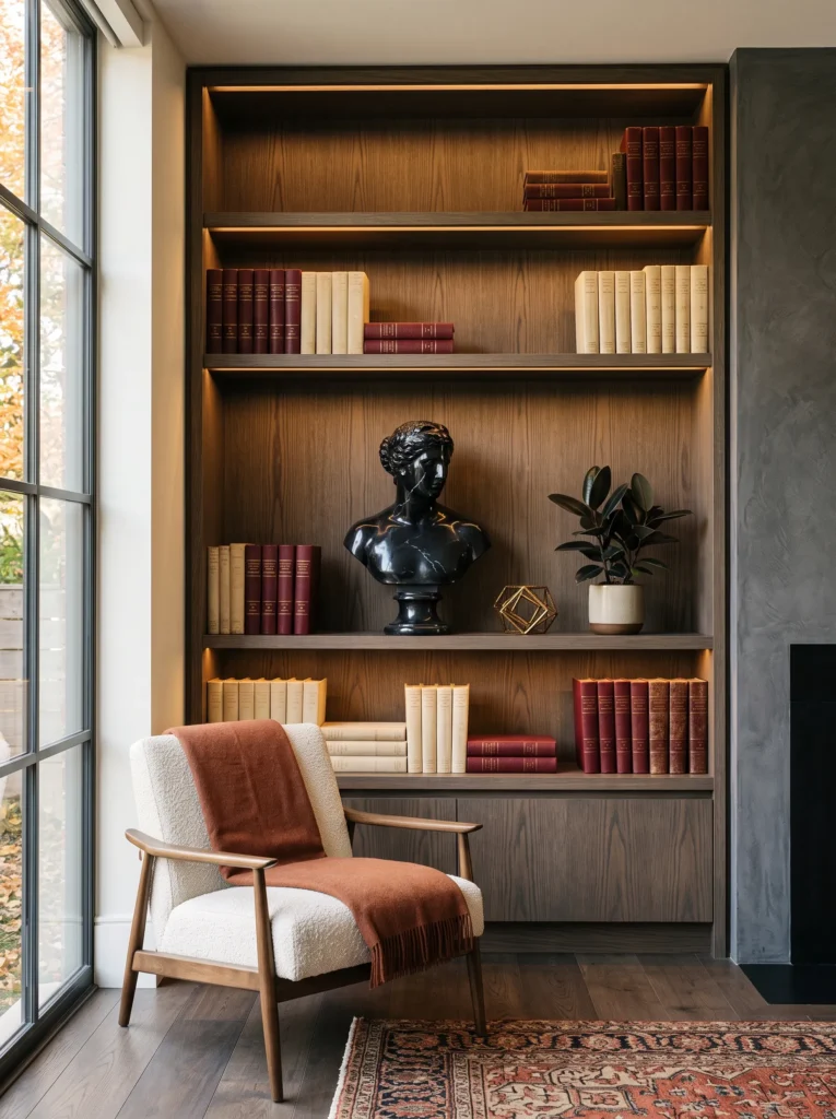 Oxblood books, black marble bust, antique gold accent, and rubber plant on a moody fall bookshelf.