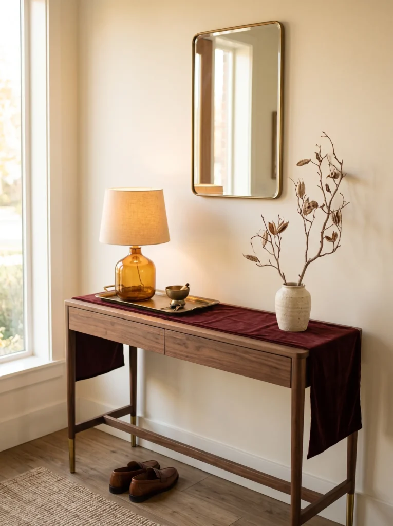 Oxblood velvet console styled with aged brass, walnut, amber glass, and warm ivory accents for moody fall decor.