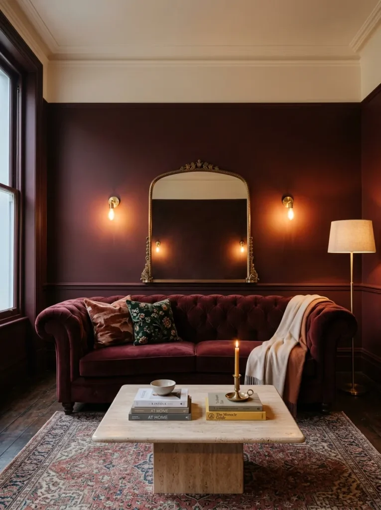 Oxblood color-drenched living room with a curved velvet Chesterfield sofa