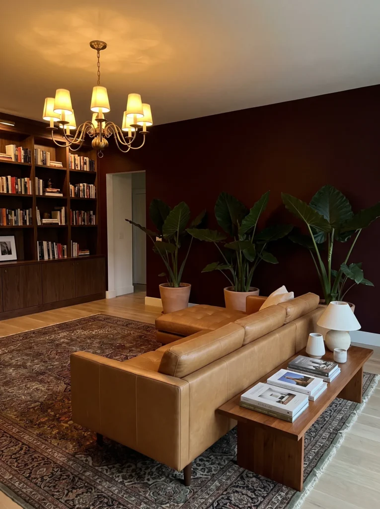Oxblood living room with vintage brass chandelier and camel leather sectional
