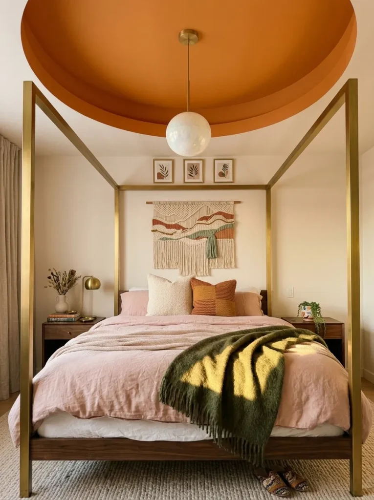 Apricot ceiling halo above a headboard-free bed