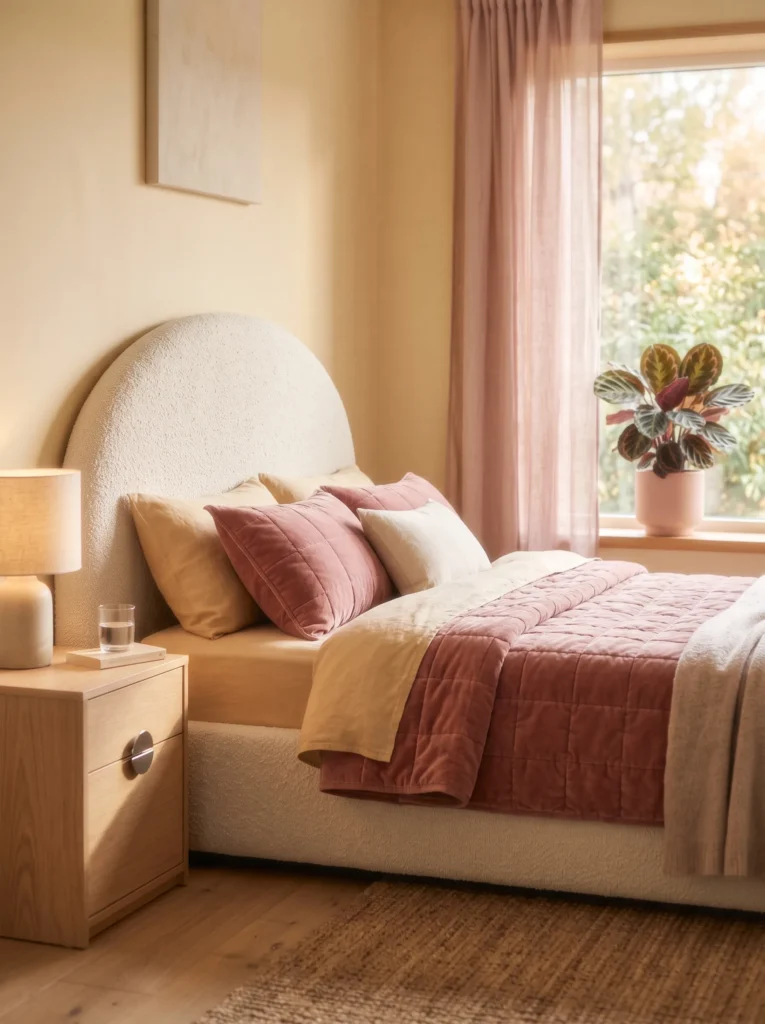 Curved boucle bed frame with ochre linen duvet and a dusty rose accent pillow