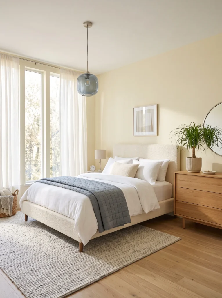 Pale yellow bedroom with a gray-blue coverlet and matching glass pendant