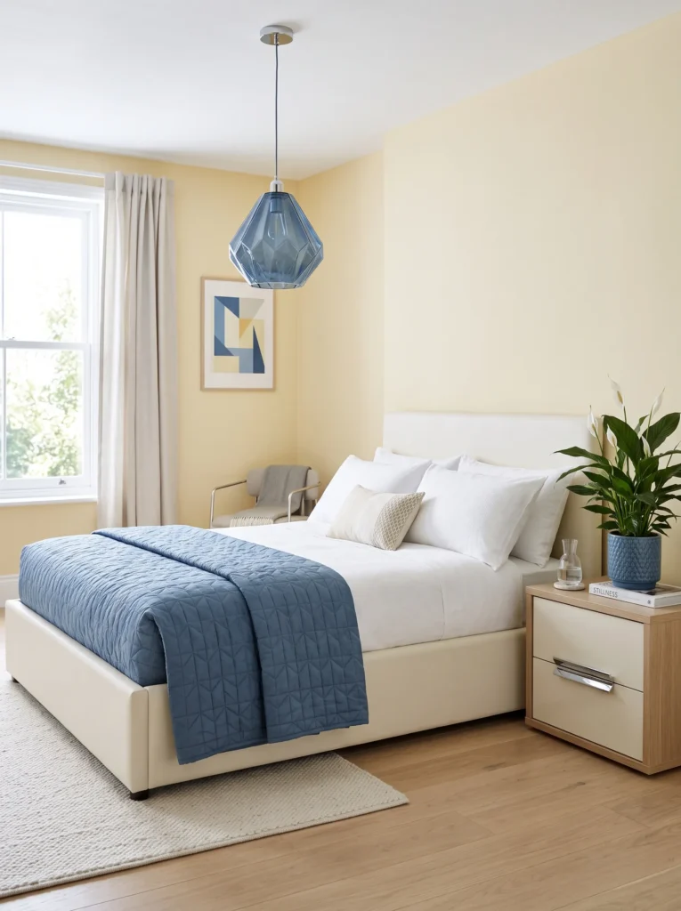 Pale yellow bedroom with a steel blue quilted coverlet and faceted pendant