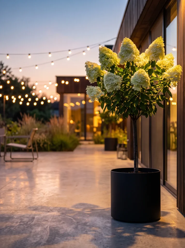  Modern patio at dusk: a single-trunk panicle hydrangea trained as a small tree in a matte black steel planter, cone-shaped lime-white blooms catching warm low-angle solar light. Blurred string lights behind, polished concrete flooring. Golden-hour glow, long soft shadows, wide negative space left.