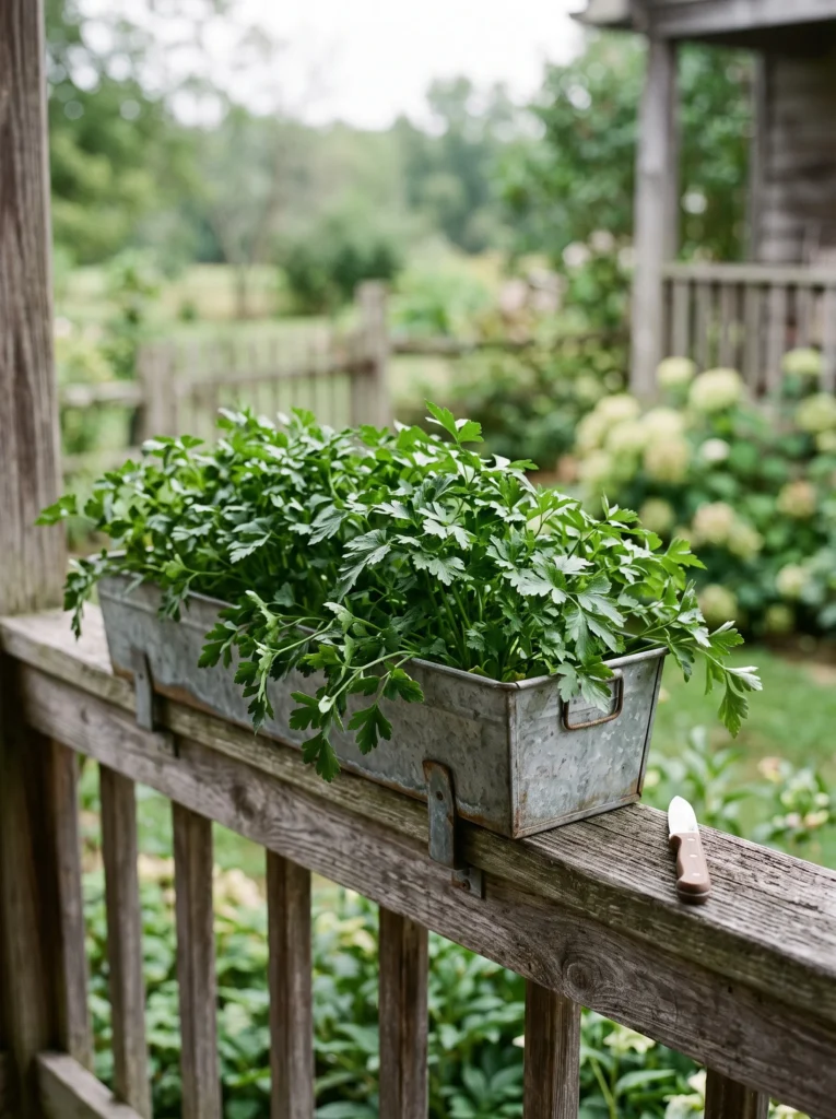  Fall herbs to grow in a galvanized window box, featuring lush flat-leaf parsley on an autumn porch.