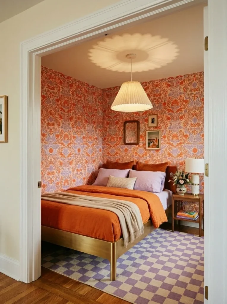  Tomato orange wallpaper wrapped around a bed wall