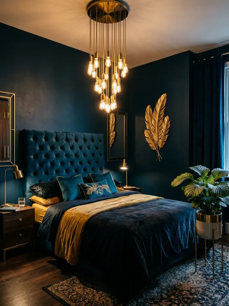 Peacock blue-black and gold bedroom with velvet headboard, brass chandelier, gold feather art, and calathea.