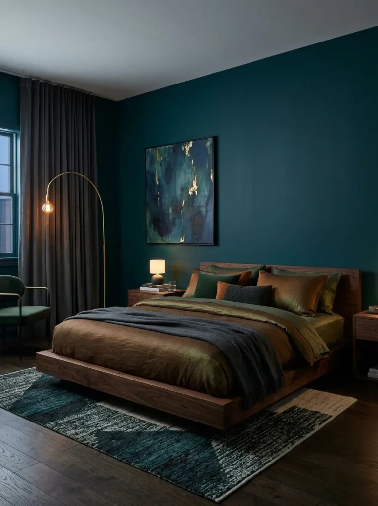 Deep peacock blue-green wall with a black walnut bed frame