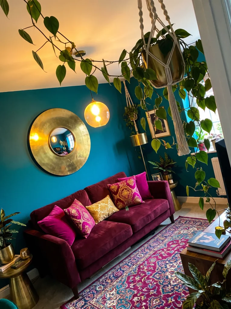 Peacock teal living room with hammered brass mirror and magenta-and-gold textiles
