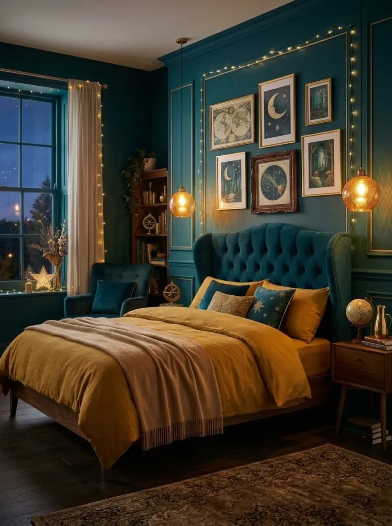 Wingback peacock-teal velvet headboard with an amber pendant light