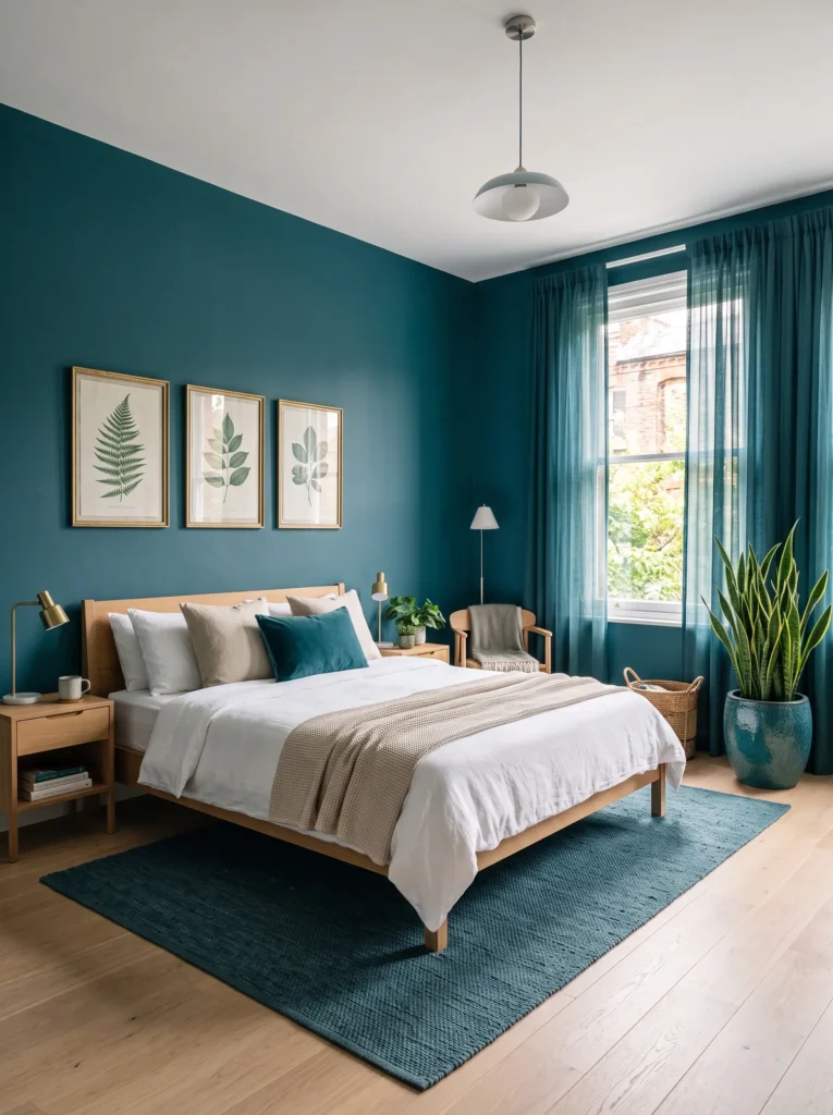  Petrol dark blue and gold bedroom with rattan pendant, white oak bed, antique gold frames, and snake plant.