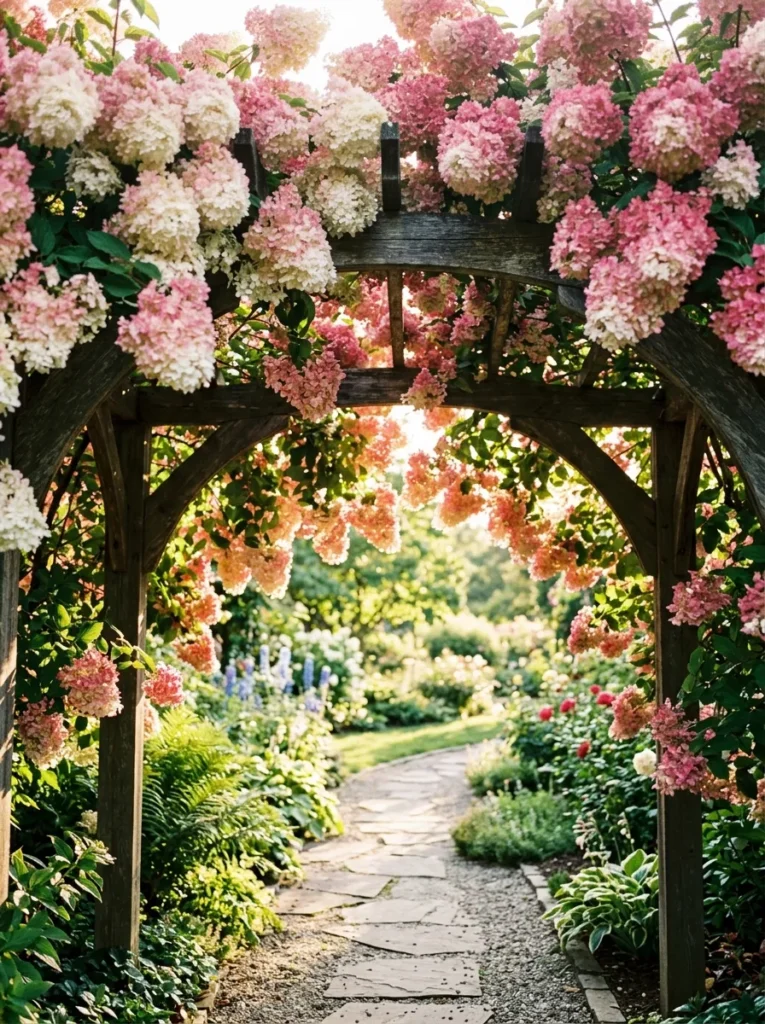 Garden arbor entrance covered in trained 'Pinky Winky' hydrangea, white-to-pink panicles hanging overhead, forming a natural archway. Soft late-afternoon backlight filtering through blooms. Camera angle looking up through the archway toward a garden path beyond, with wide negative space at the center.
