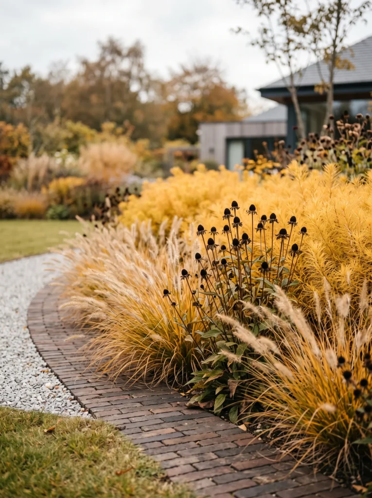 Gold amsonia foliage and black-eyed Susan seed heads in a fall bed.