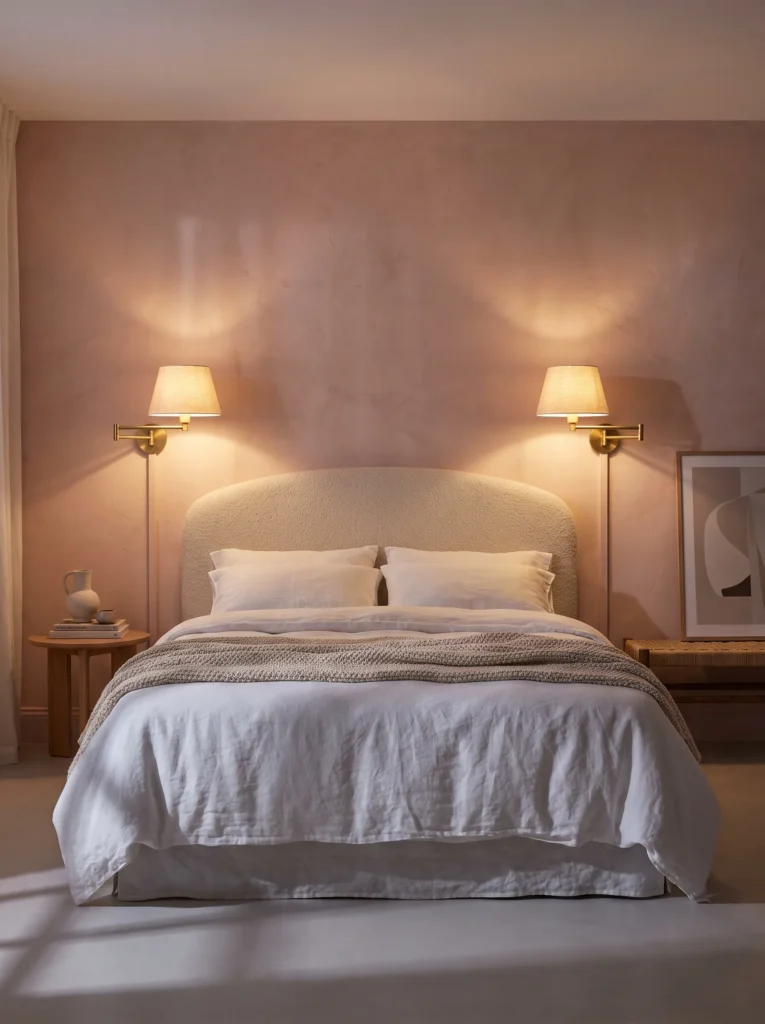  Brass swing-arm sconces flanking a bouclé headboard, casting warm light on white linens