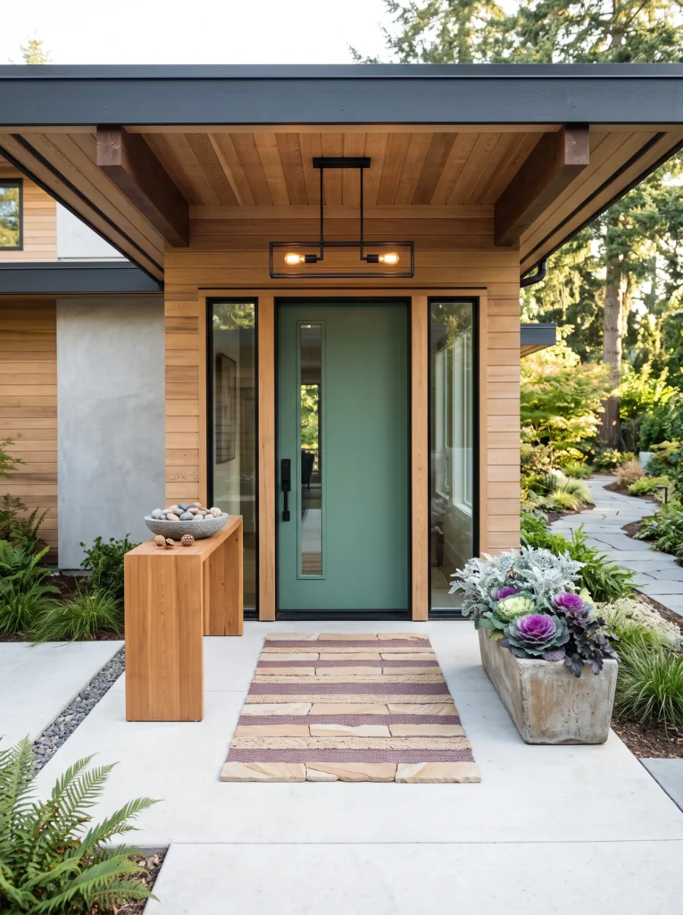 Small fall entry with layered sandstone and plum mats, narrow cedar console, concrete trough, ornamental cabbage, dusty miller, and cedar chair.