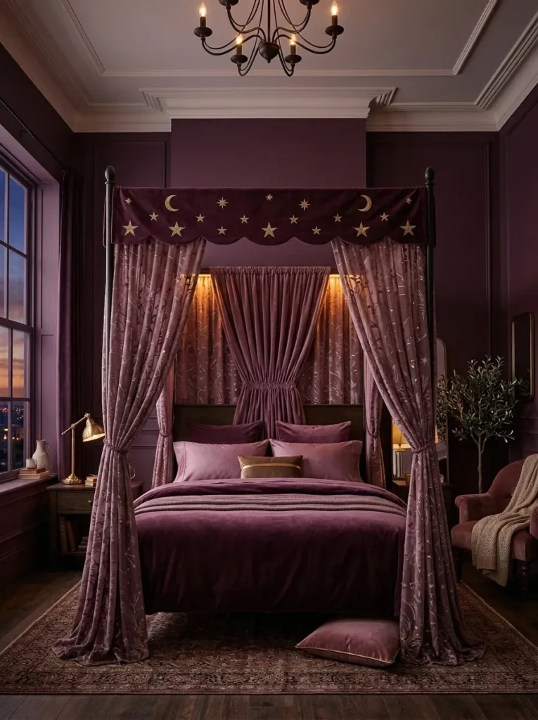 Four-poster bed with a mauve silk canopy against deep plum walls