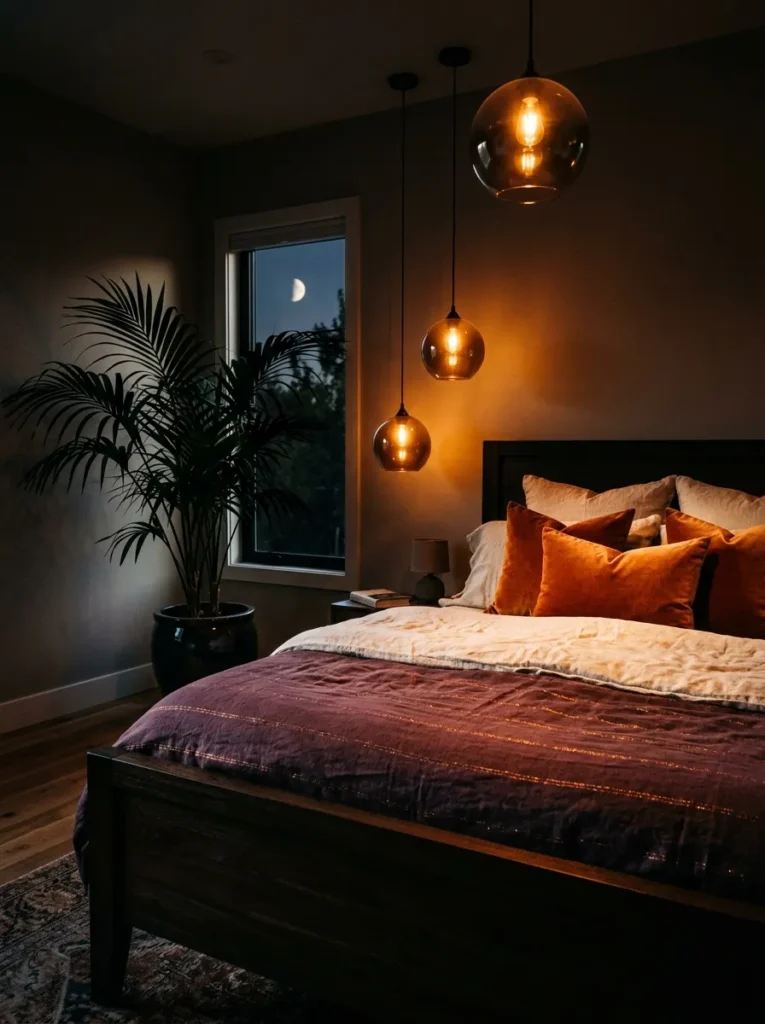 Plum textile and velvet bedding in a dramatic bedroom